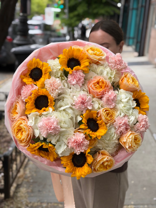 “Suncore” Bouquet (Hydrangeas, Carnations, Sunflowers, Kings Cross Roses)