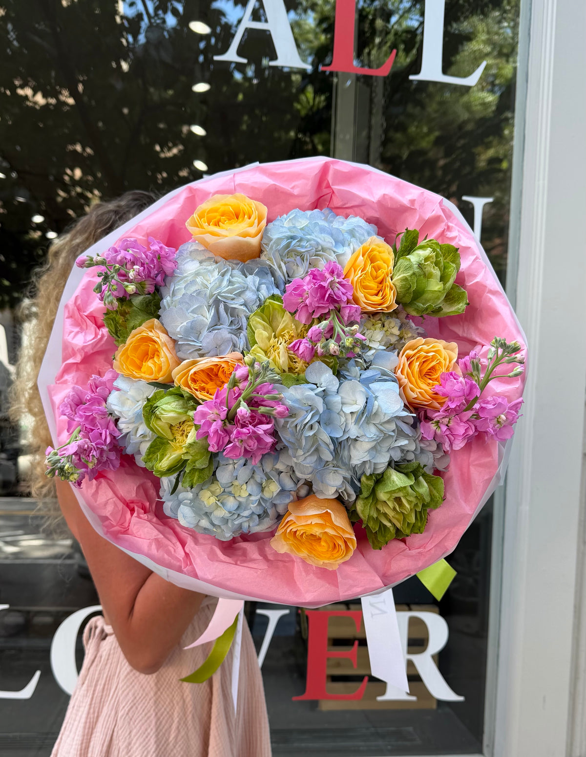 “Sugar Sky” Bouquet (Garden Roses, Veggie Roses, Hydrangeas, Stocks)