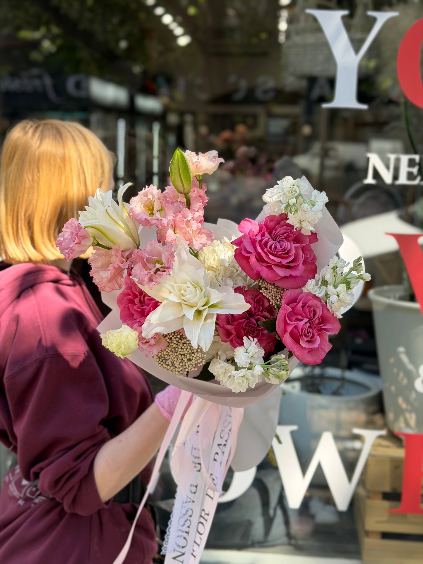 "Velvet Berry" Bouquet (Country Blues Roses, Lilys, Lisianthus, Stocks, Hydrangeas)