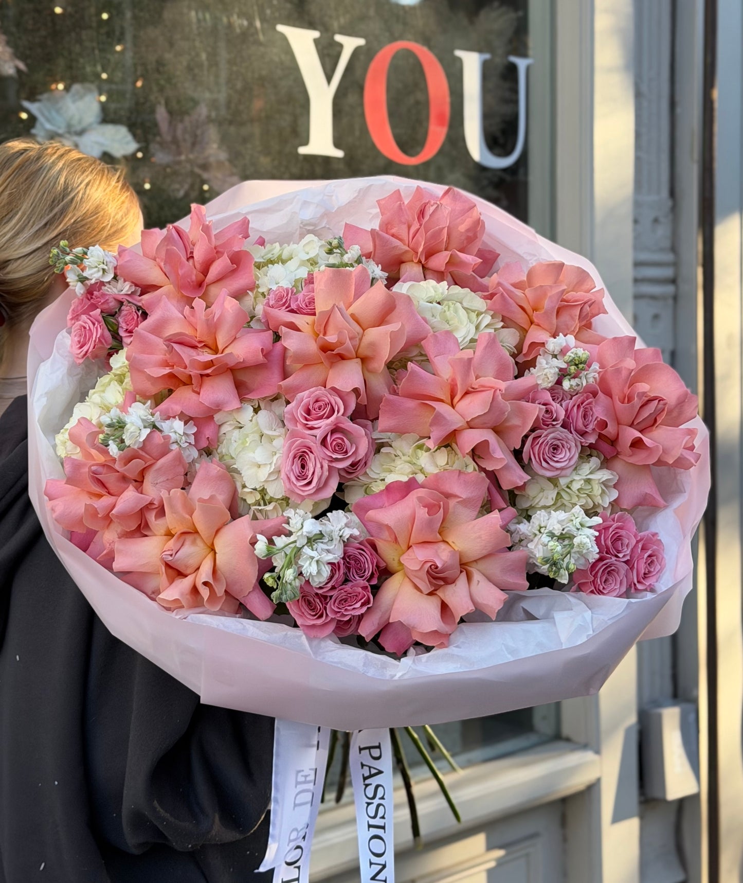 “Petal Poem” Bouquet (French Hermosa Roses, Spray Roses, Hydrangeas, Stocks)