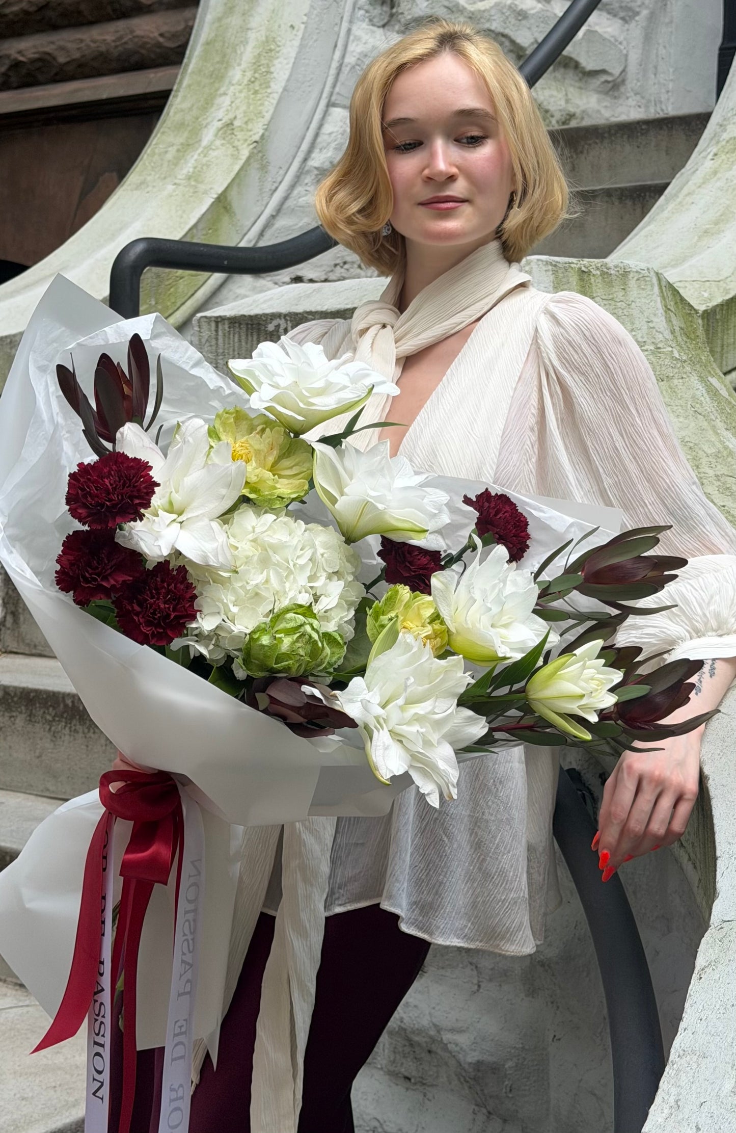 “Opulence” Bouquet (Lillies, Leucadendron, Veggie Roses, Hydrangeas, Dianthuses)