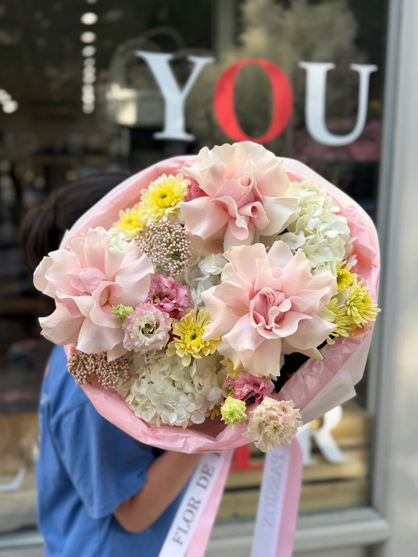 “Gentle Hug” Bouquet (French Pink Roses, Rice Flower, Lisianthus, Cushion, Hydrangeas)