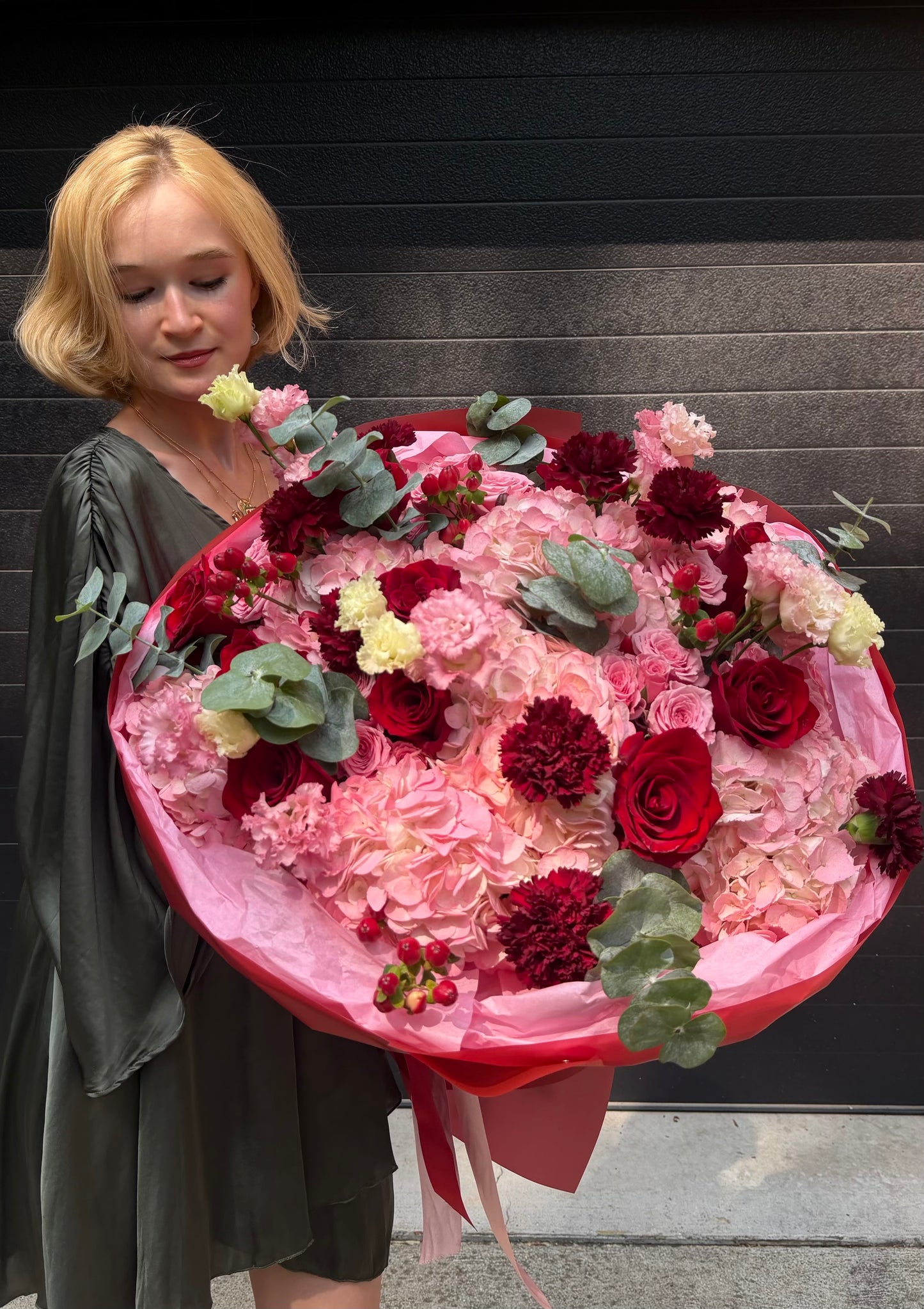“Rosewine” Bouquet (Red Roses, Hydrangeas, Hypericum, Eucalyptus, Spray Roses, Lisianthus, Dianthuses)