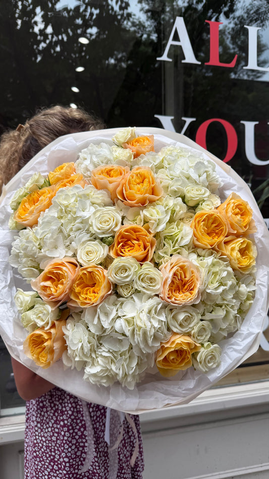 “Cream” Bouquet (Garden Roses, White Spray Roses, Hydrangeas)