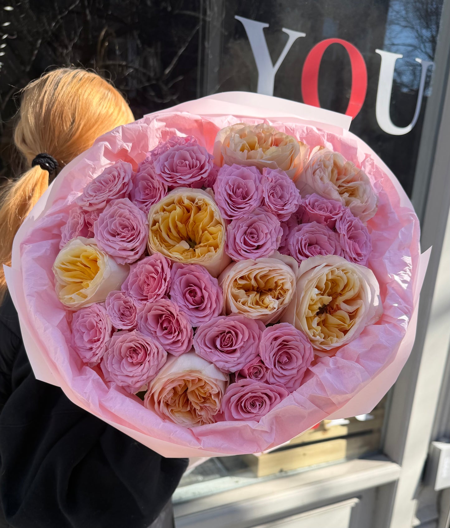 “Cream Symphony” Bouquet (Cream expression garden roses, pink spray roses)