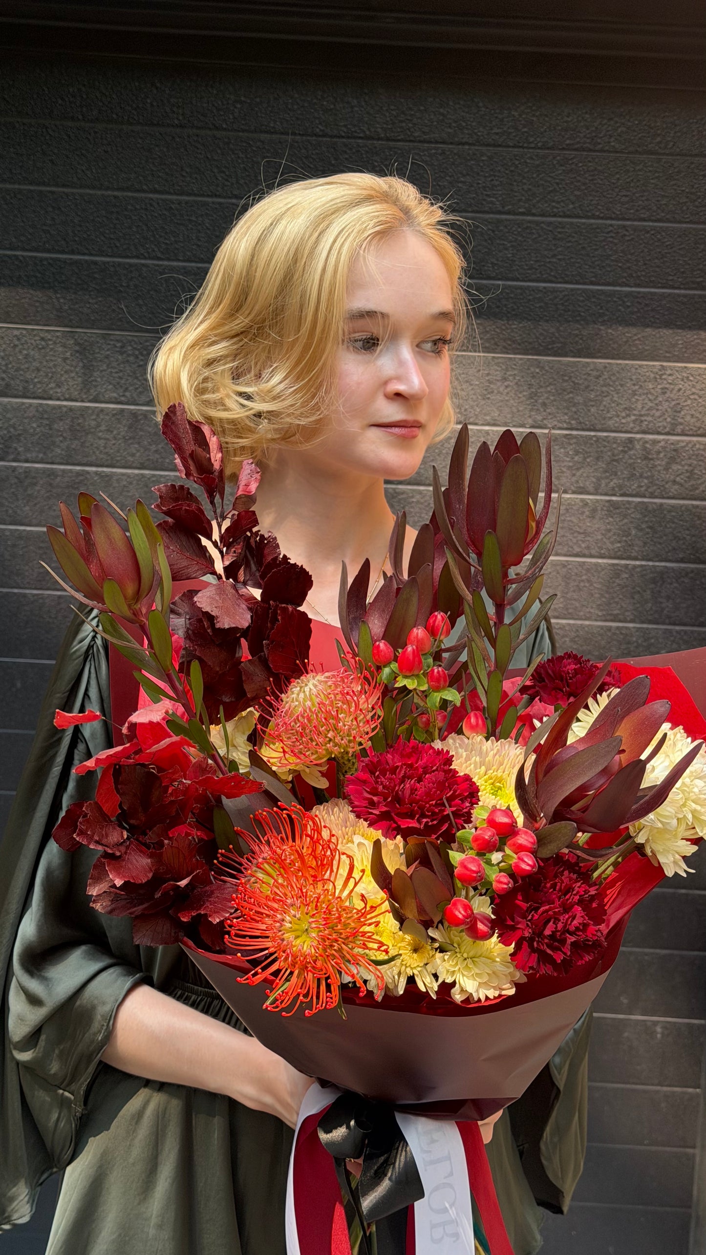 “Flame Embrace” Bouquet (Pincushion, Daisy, Hypericum, Dianthuses, Leaves)