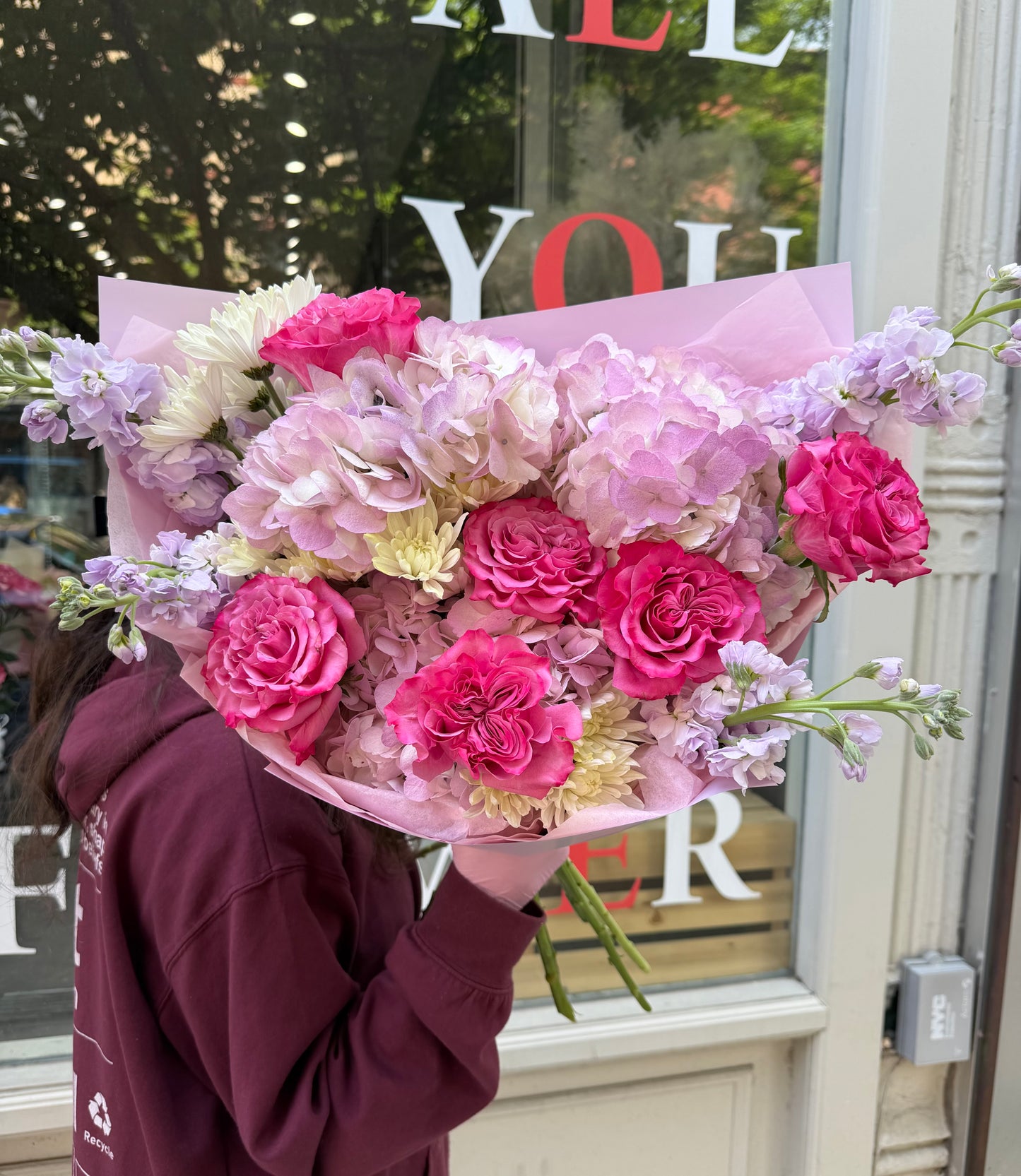 “Raspberry Energy” Bouquet (Country Blues Roses, Hydrangeas, Stocks, Cushion)