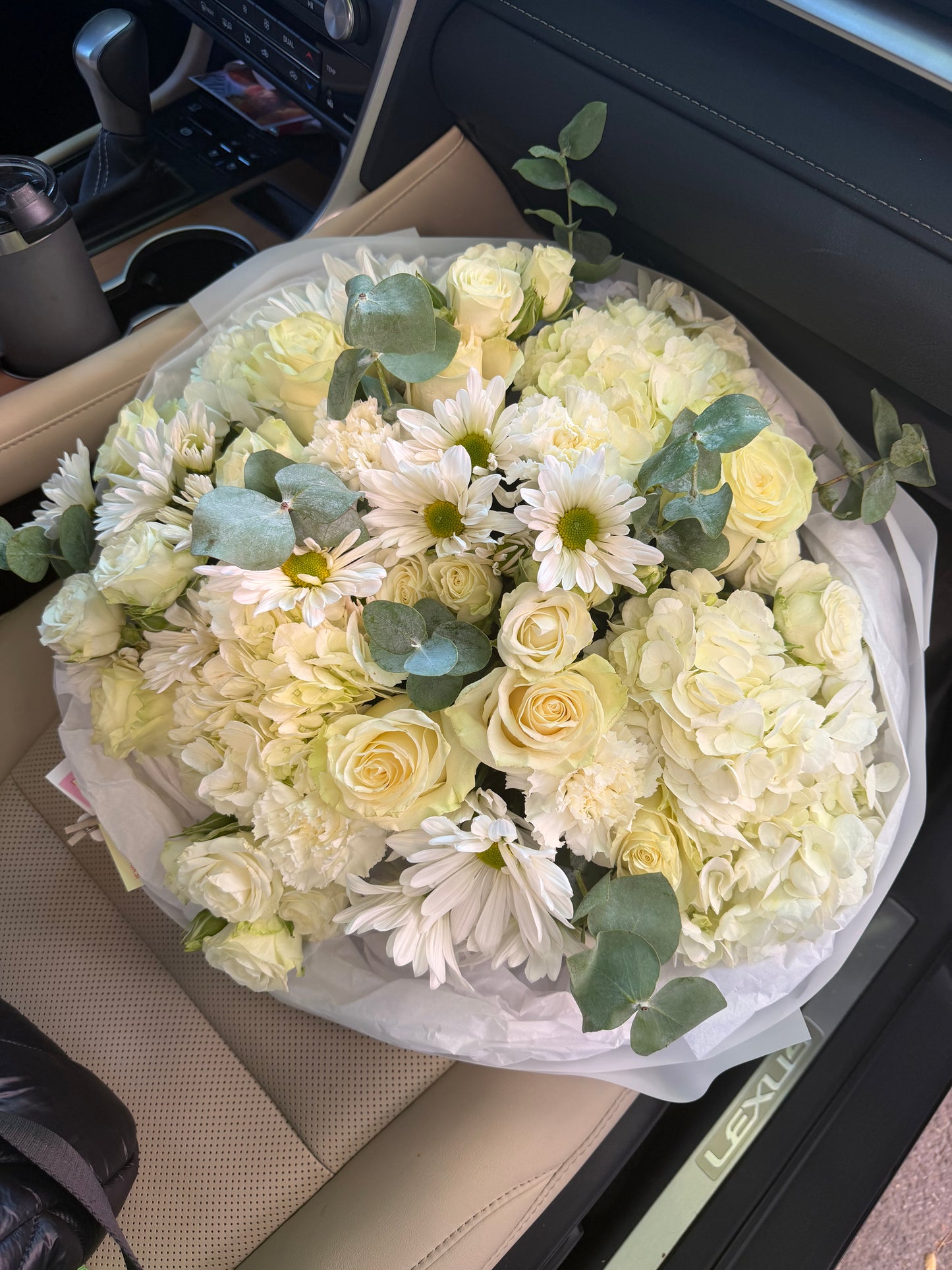 “Cloud Serenade” Bouquet (Hydrangeas, Daisy, White Roses, Eucalyptus)