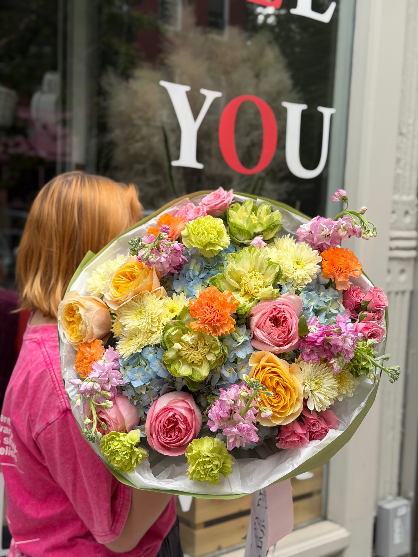 "Dopamine" Bouquets (Pink Garden Roses, Cream Garden Roses, Veggie Roses, Spray Roses, Hydrangeas, Cushion, Stocks, Carnations)