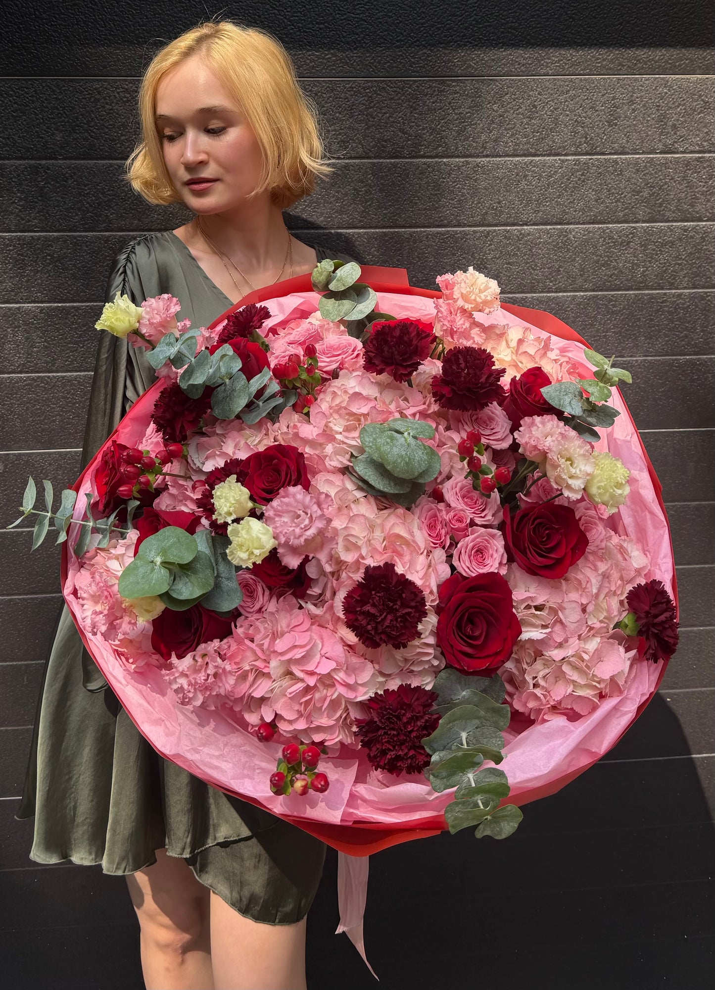 “Rosewine” Bouquet (Red Roses, Hydrangeas, Hypericum, Eucalyptus, Spray Roses, Lisianthus, Dianthuses)