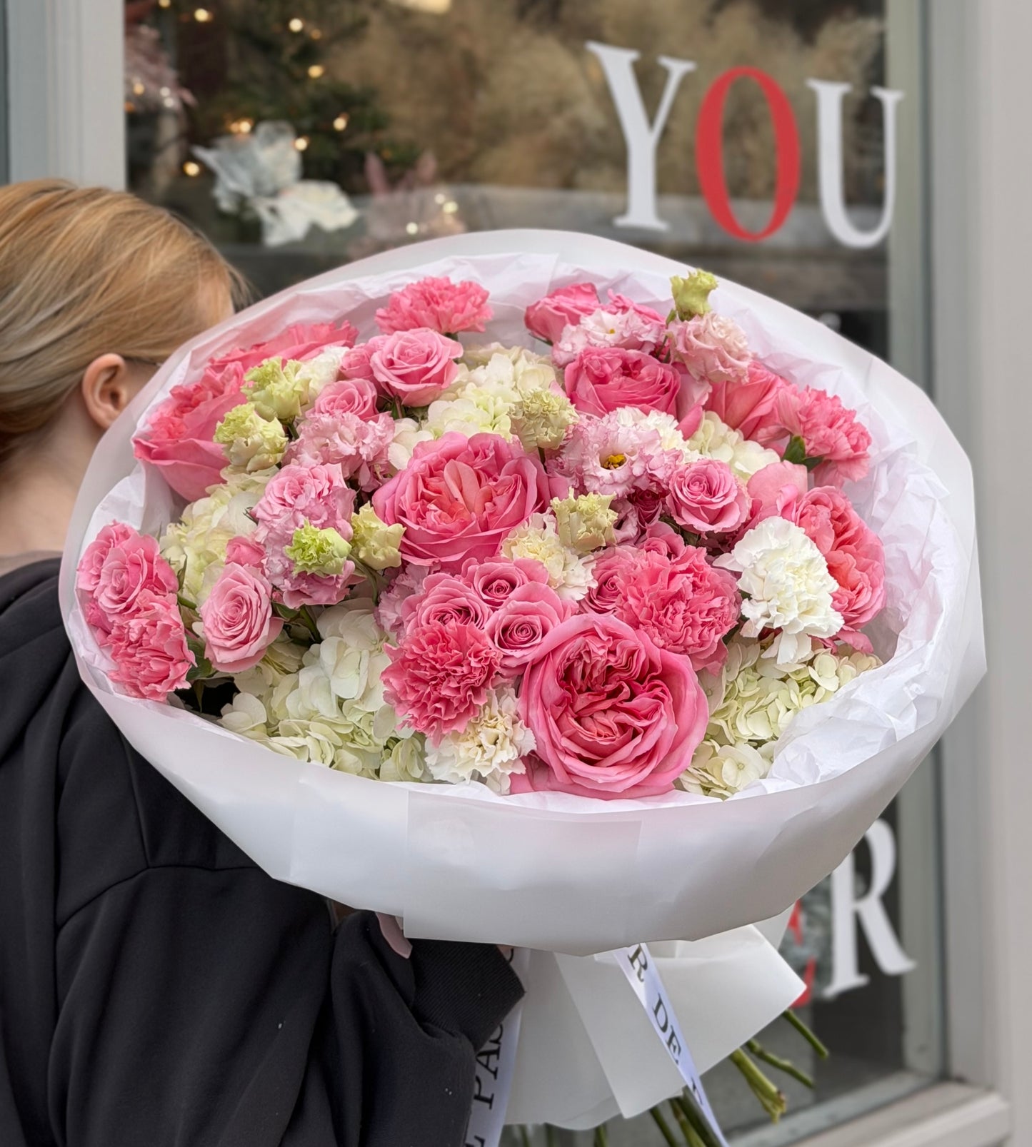 "Tender Petal" Bouquet (Pink Expression Roses, Hydrangeas, Lisianthus, Spray Roses)