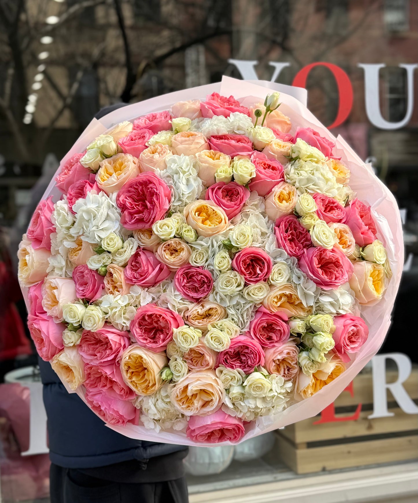 “Confession” Bouquet (Pink Expression Roses, Cream Expression Roses, White Spray Roses, Hydrangeas)