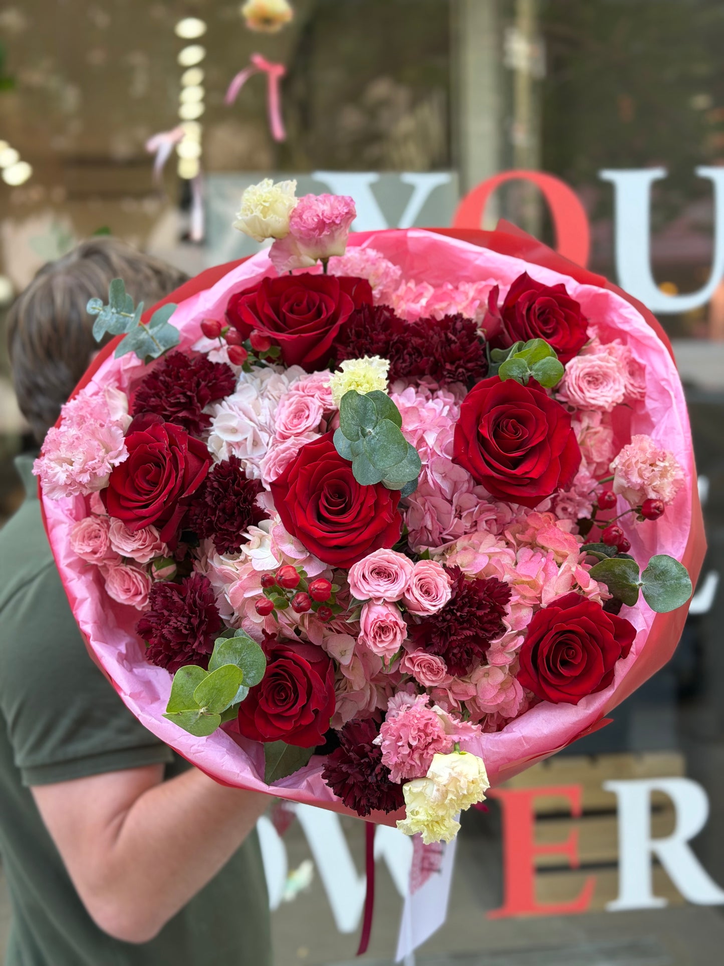“Rosewine” Bouquet (Red Roses, Hydrangeas, Hypericum, Eucalyptus, Spray Roses, Lisianthus, Dianthuses)