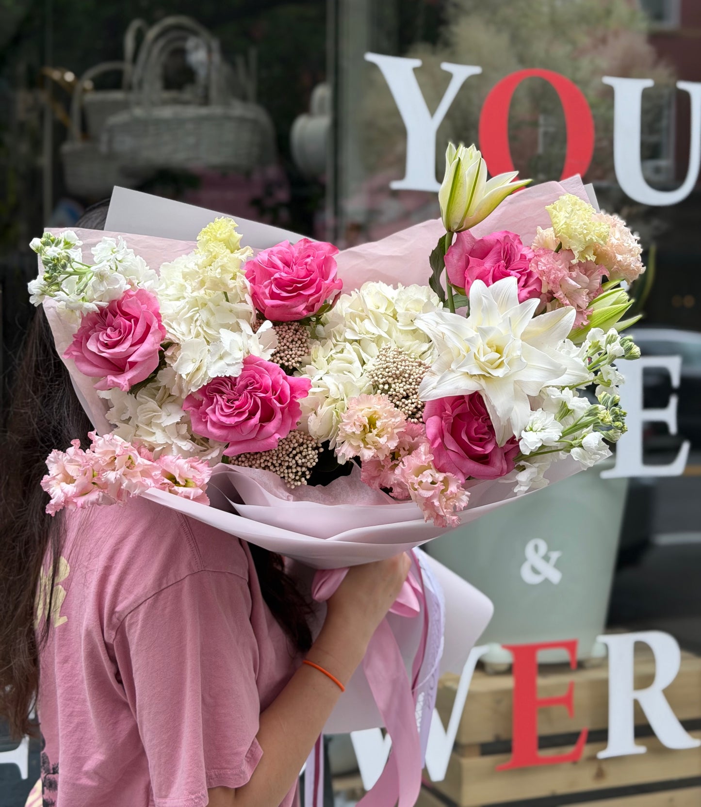 "Velvet Berry" Bouquet (Country Blues Roses, Lilys, Lisianthus, Stocks, Hydrangeas)