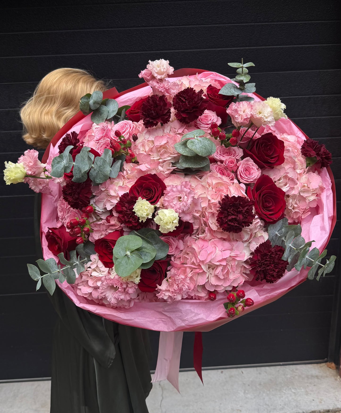 “Rosewine” Bouquet (Red Roses, Hydrangeas, Hypericum, Eucalyptus, Spray Roses, Lisianthus, Dianthuses)