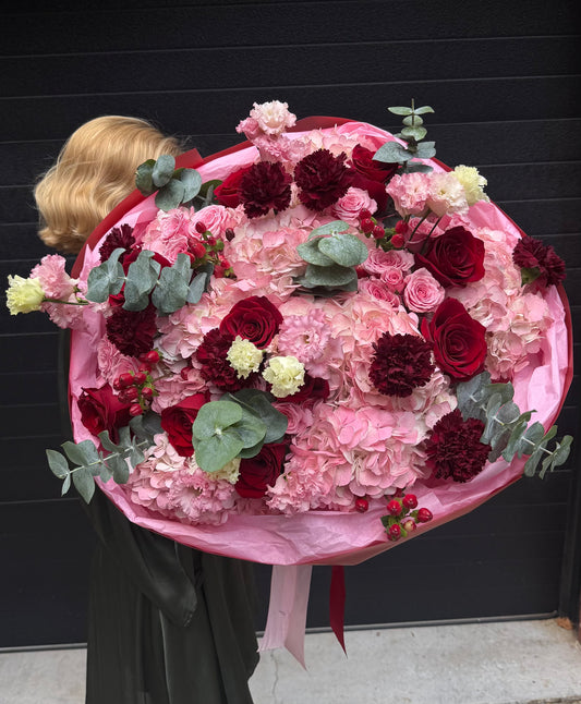 “Rosewine” Bouquet (Red Roses, Hydrangeas, Hypericum, Eucalyptus, Spray Roses, Lisianthus, Dianthuses)