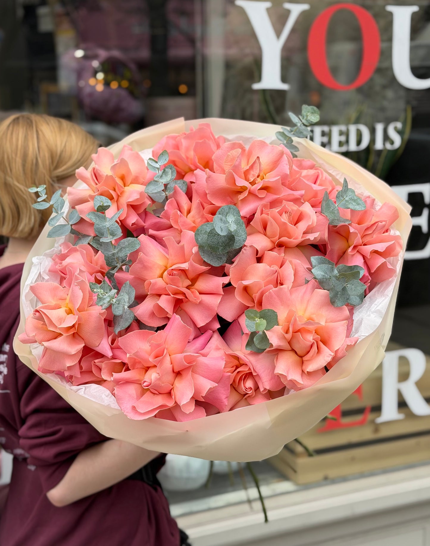 “Velour Bloom” Bouquet (French Hermosa Roses, Eucalyptus)