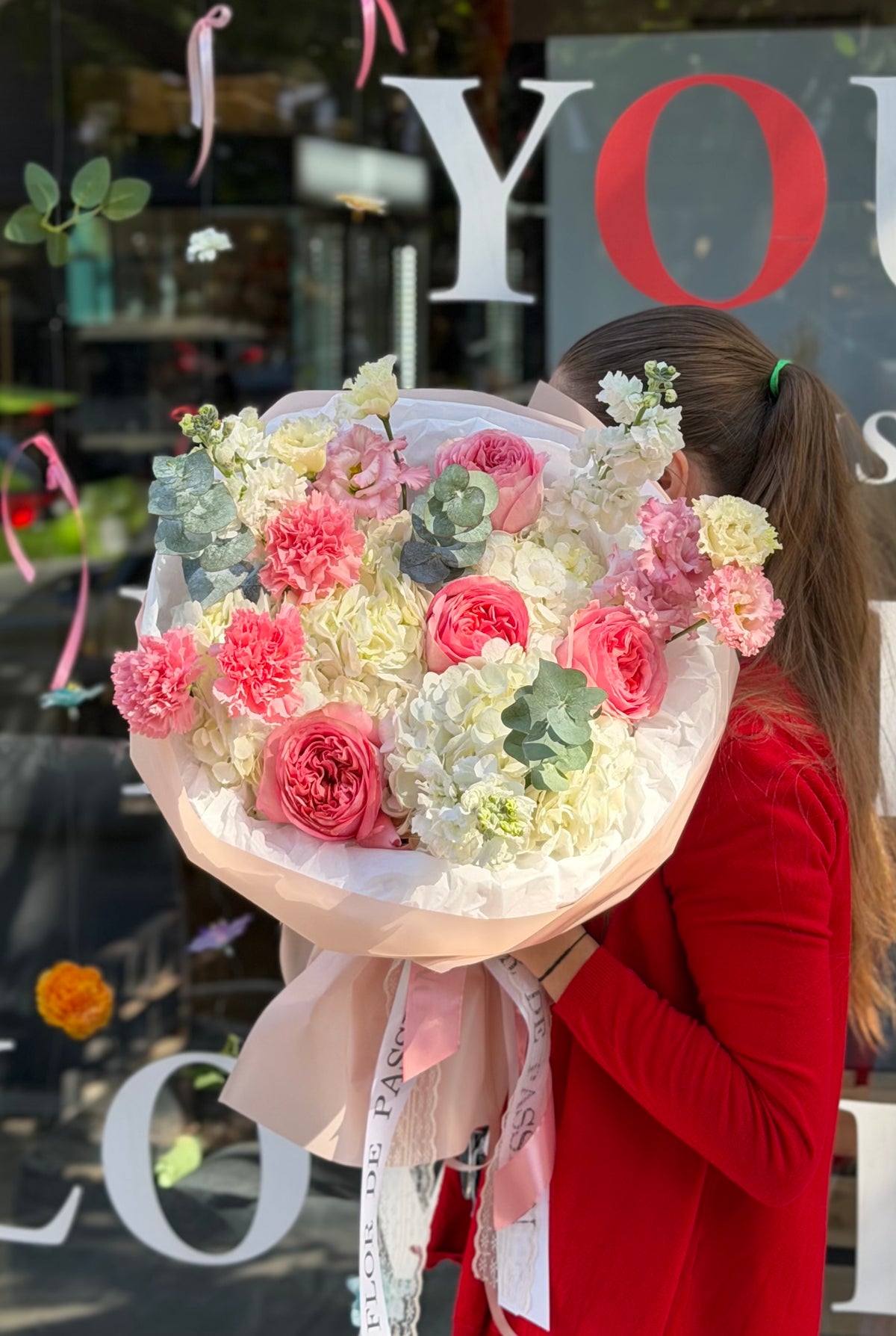 "Too Gorgeous" Bouquet (Pink Expression Roses, Lisianthus, Hydrangeas, Stocks, Carnations, Eucalyptus)