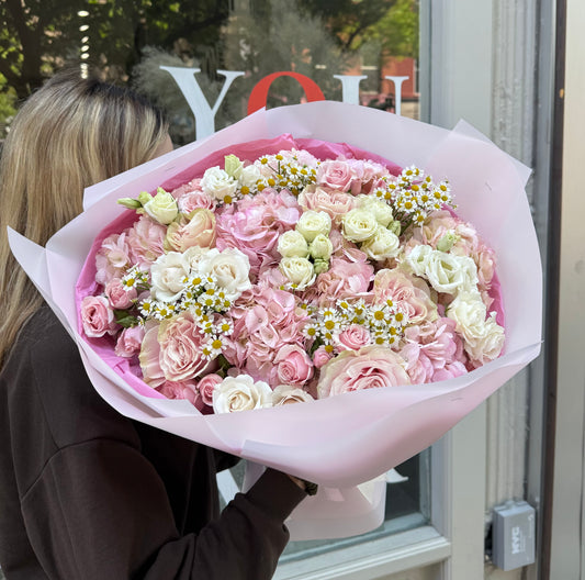 “Kiss of the Sun” Bouquet (chamomiles , spray roses, hydrangeas, roses, lisianthus)