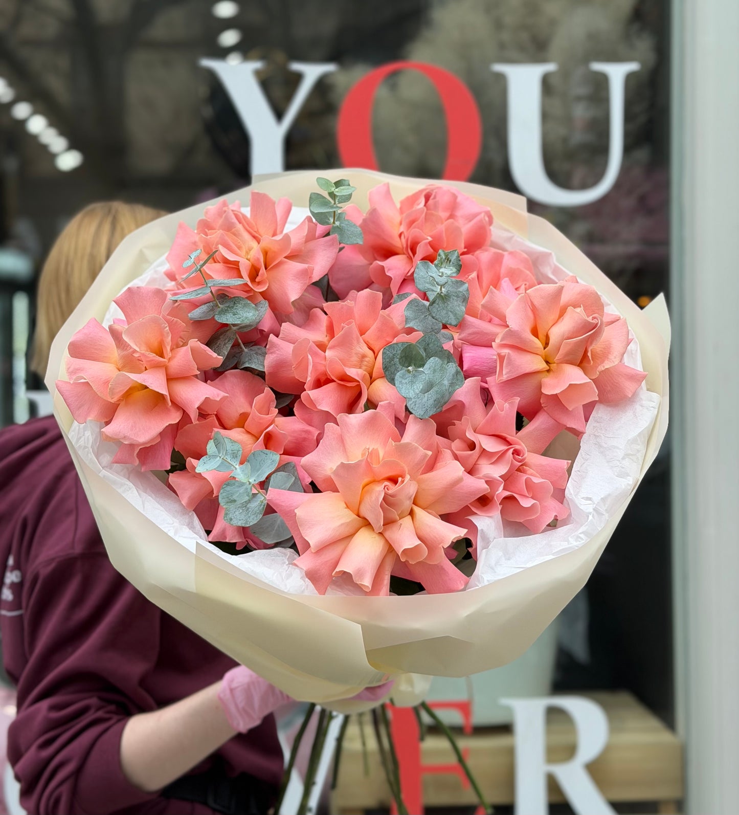 “Velour Bloom” Bouquet (French Hermosa Roses, Eucalyptus)