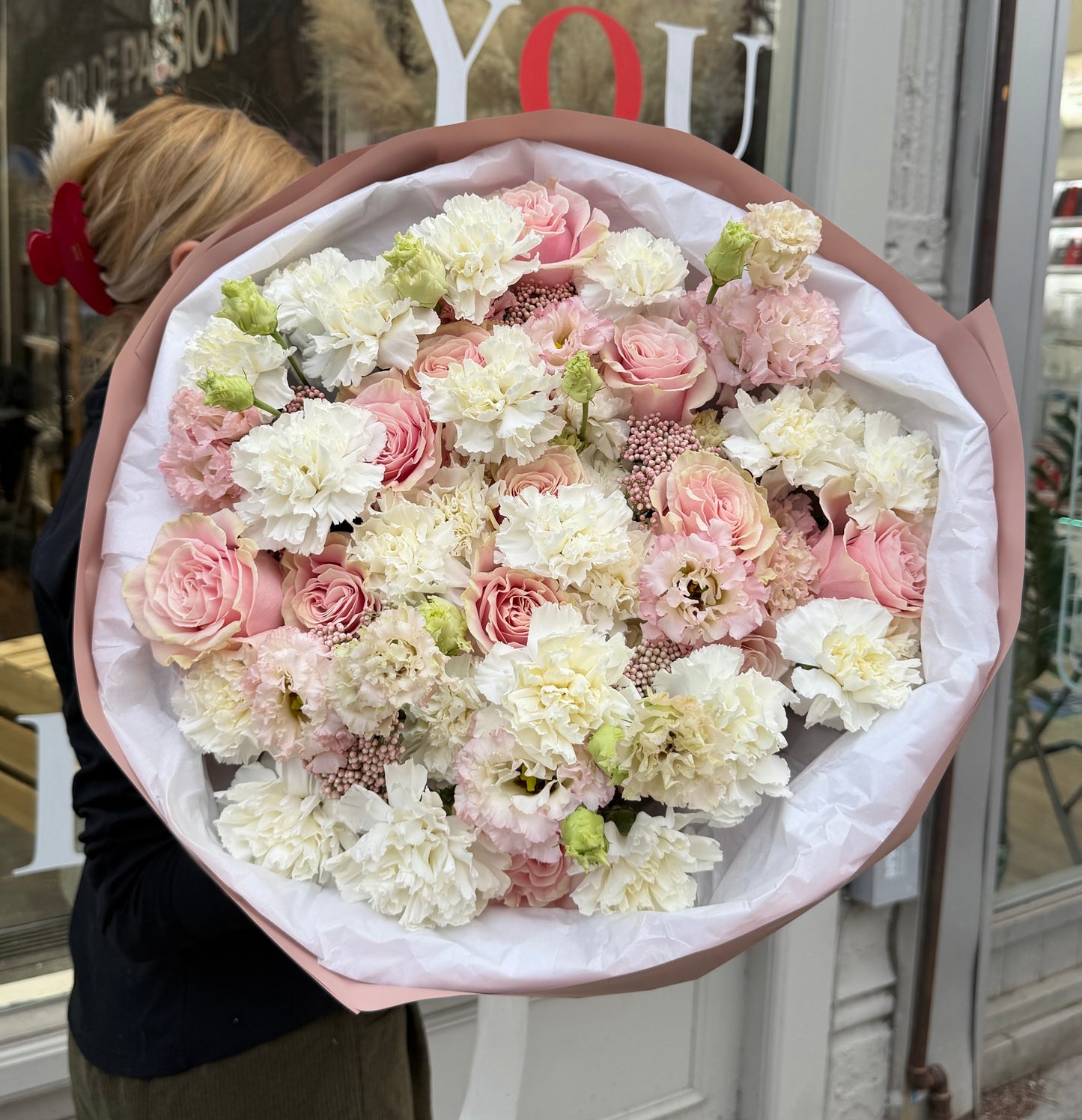 “Pink Marshmallow” Bouquet (Pink roses, Lisianthus, Rice Flower, Carnation/Dianthuses)