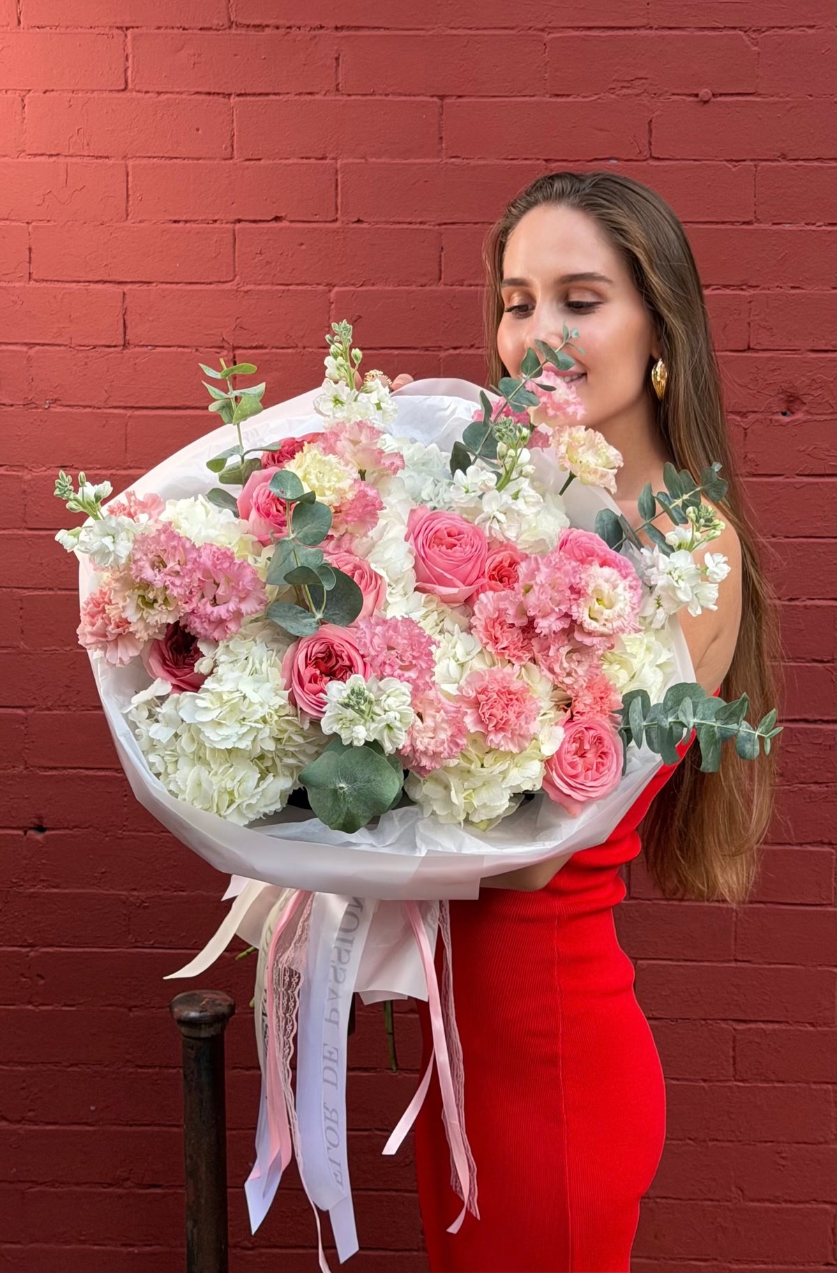 "Too Gorgeous" Bouquet (Pink Expression Roses, Lisianthus, Hydrangeas, Stocks, Carnations, Eucalyptus)