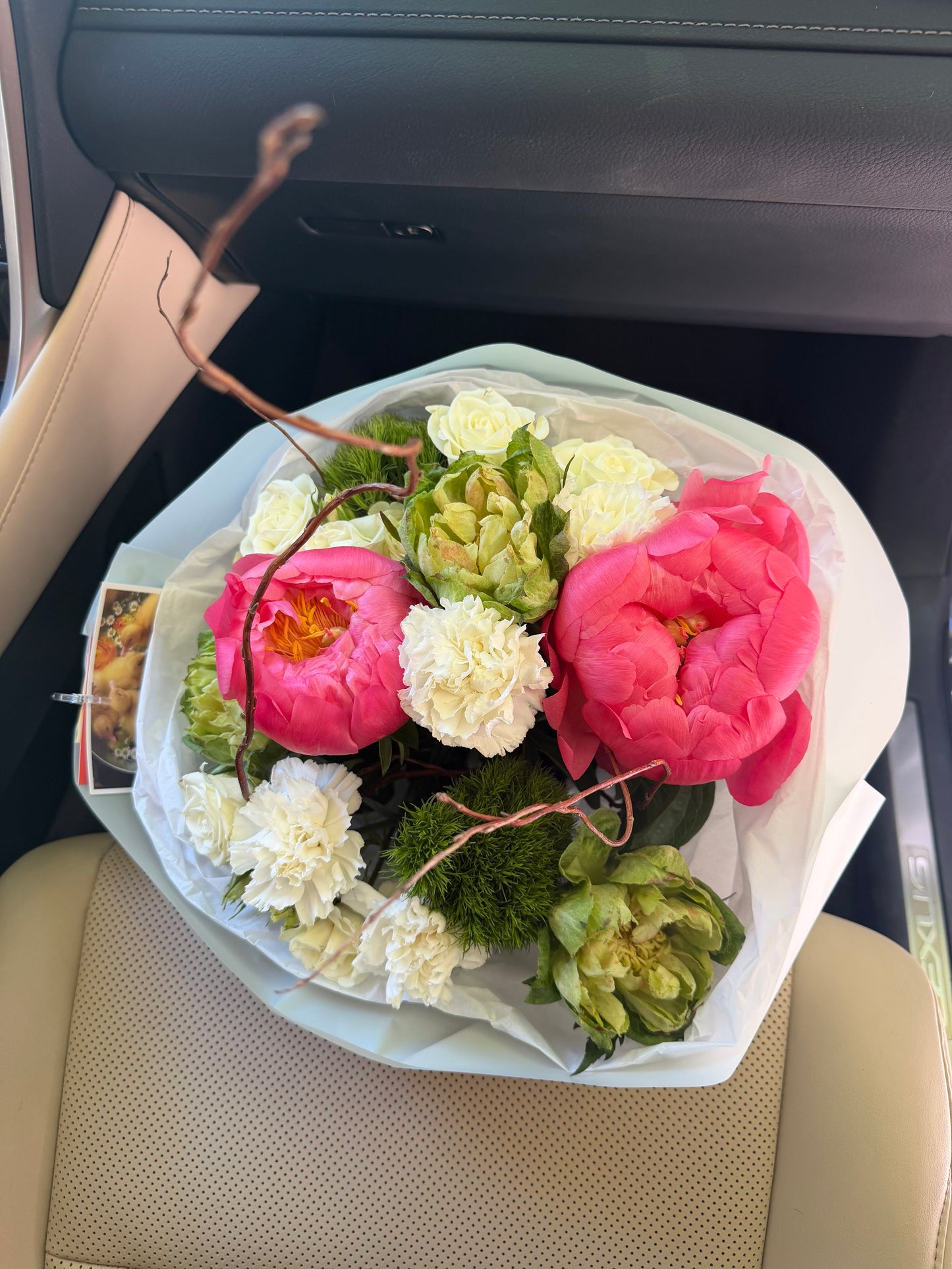 “Summer Kiss” Bouquet (Coral Peonies, Spray Roses, Veggie Rose)
