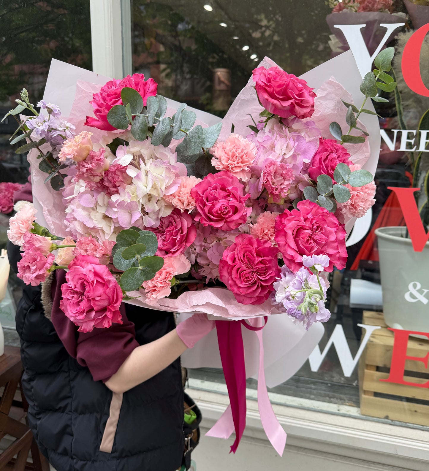 “Pink Voltage” Bouquet (Country Blues Roses, Hydrangeas, Lisianthus, Stocks, Eucalyptus)