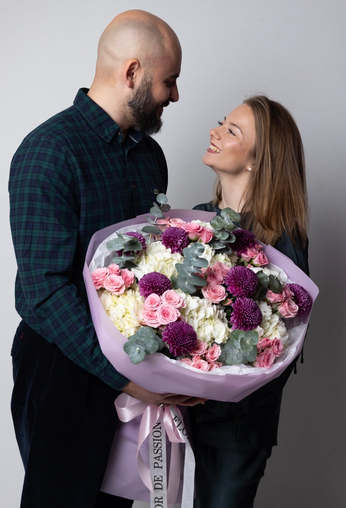 “Elegant Balance" Bouquet (Hydrangeas, Pink Spray Roses, Chrysanthemum, Eucalyptus)