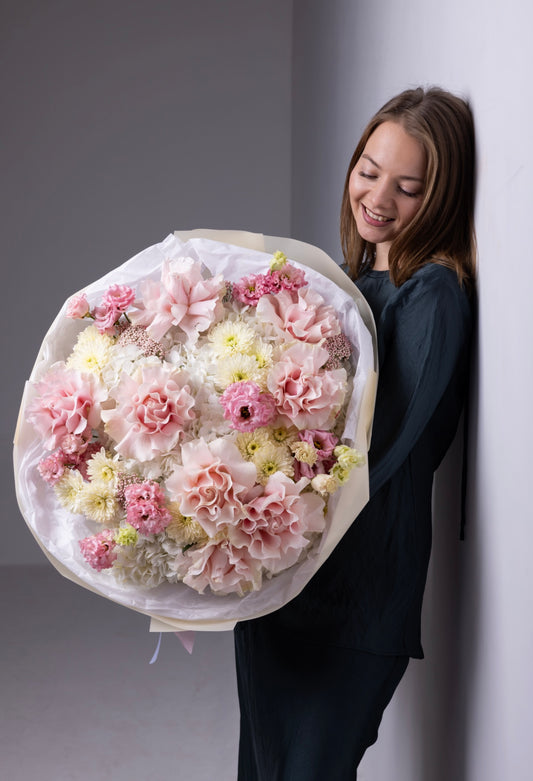 “Gentle Hug” Bouquet (French Pink Roses, Rice Flower, Lisianthus, Cushion, Hydrangeas)