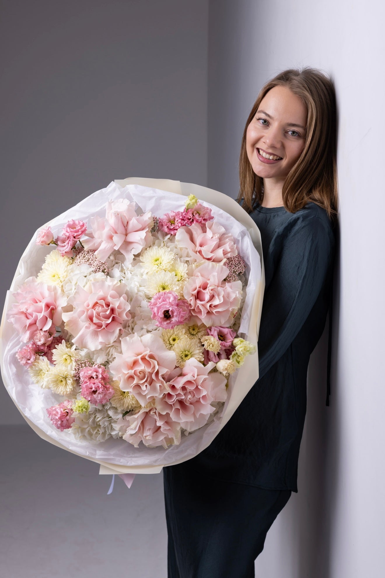 “Gentle Hug” Bouquet (French Pink Roses, Rice Flower, Lisianthus, Cushion, Hydrangeas)