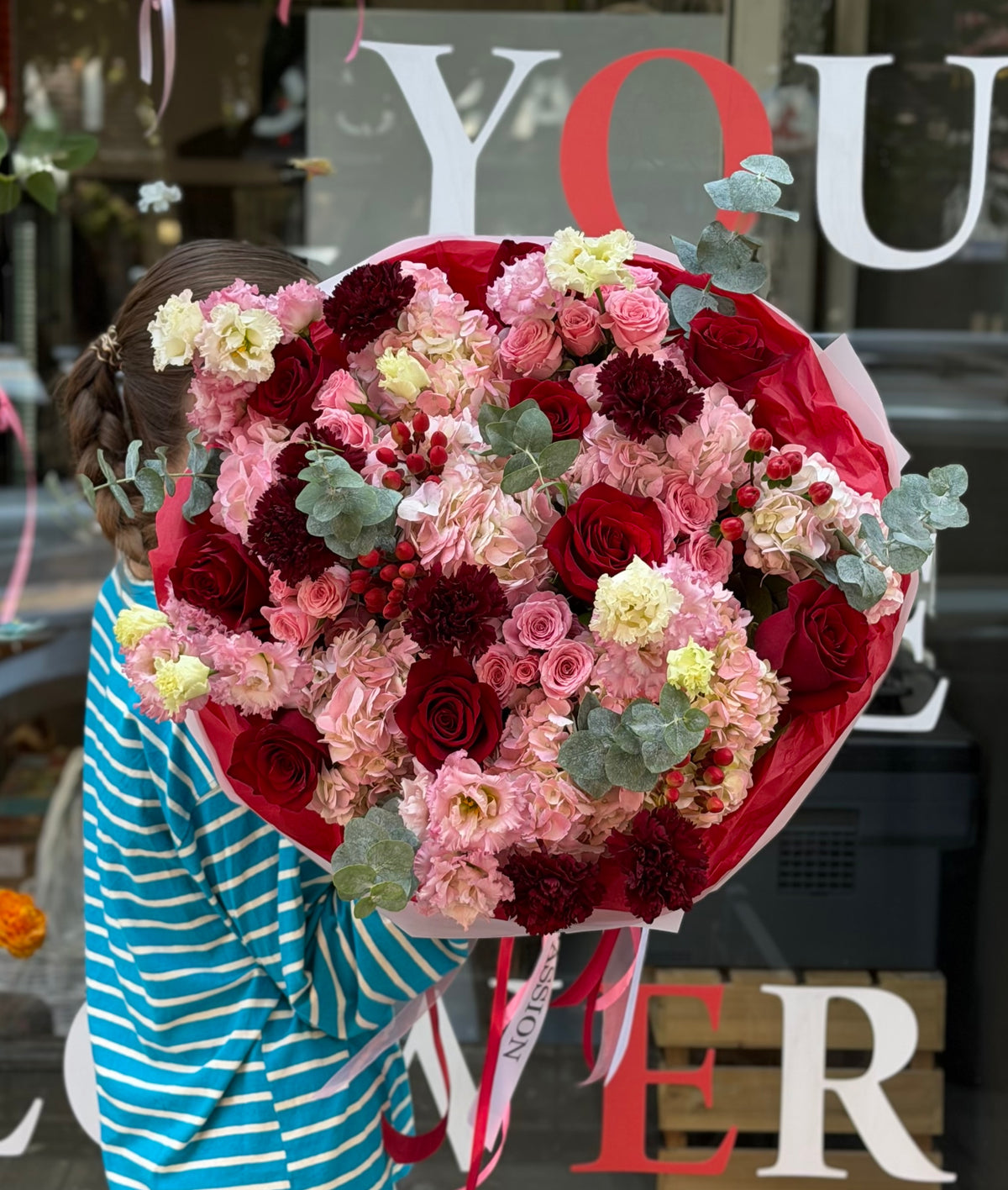 “Rosewine” Bouquet (Red Roses, Hydrangeas, Hypericum, Eucalyptus, Spray Roses, Lisianthus, Dianthuses)
