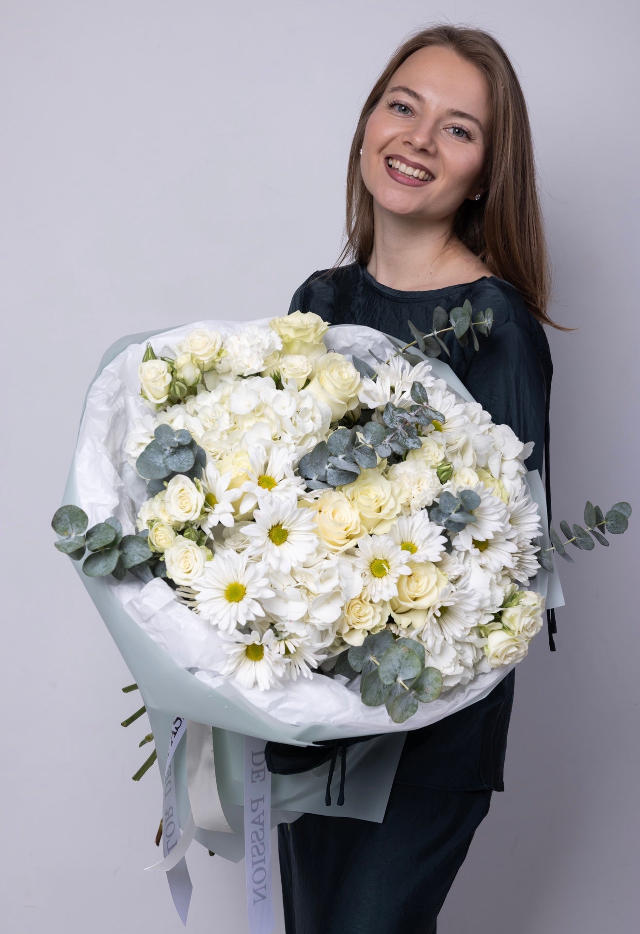 “Cloud Serenade” Bouquet (Hydrangeas, Daisy, White Roses, Eucalyptus)