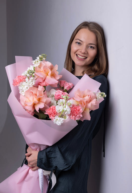 "Strawberry Mousse" Bouquet (French Rose, Hydrangea, Stocks, Spray Roses, Carnations)