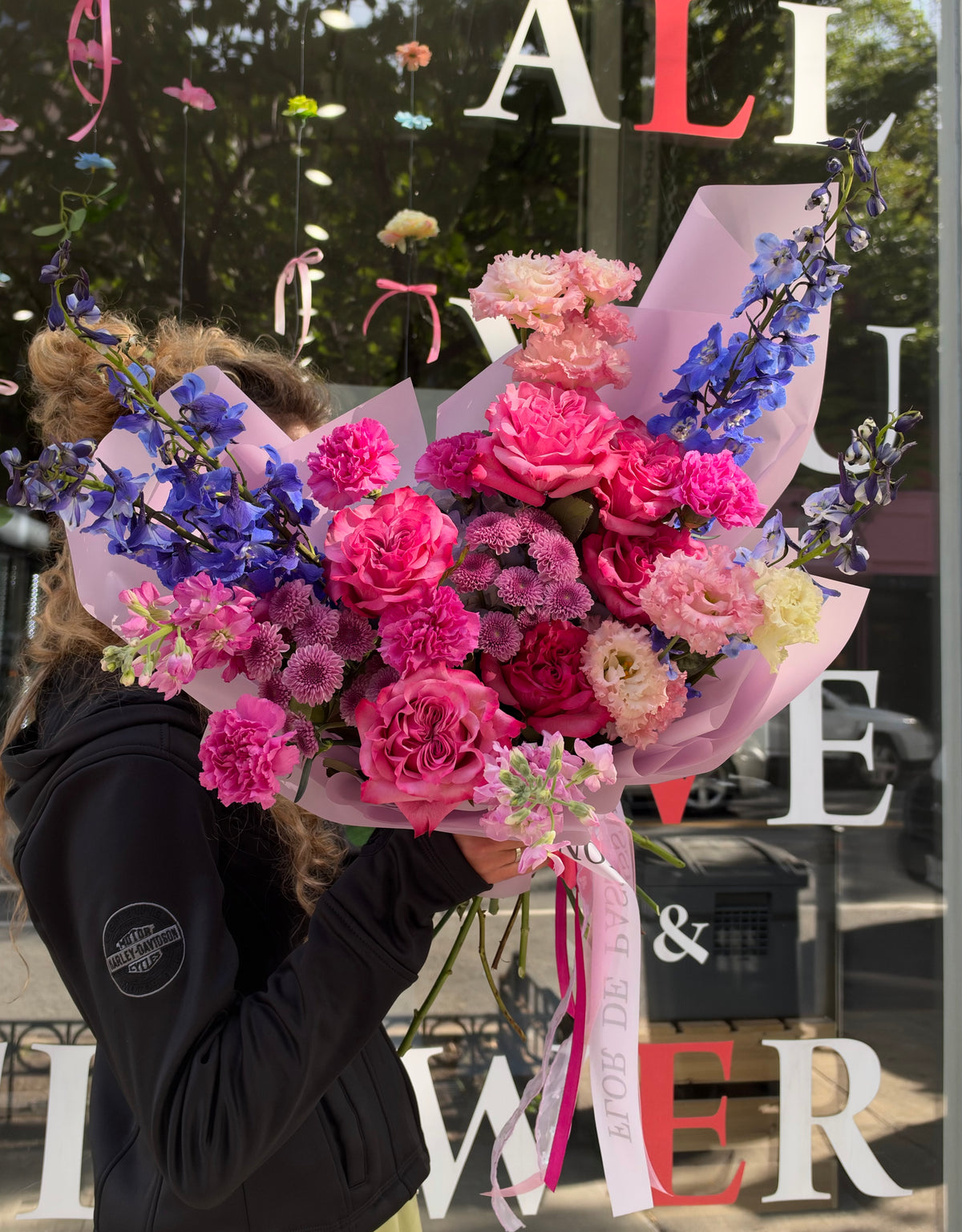 “Fairytale” Bouquet (Delphinium,Carnations,Country Blues Peony Roses,Hydrangeas,Lisianthus,Buttons)