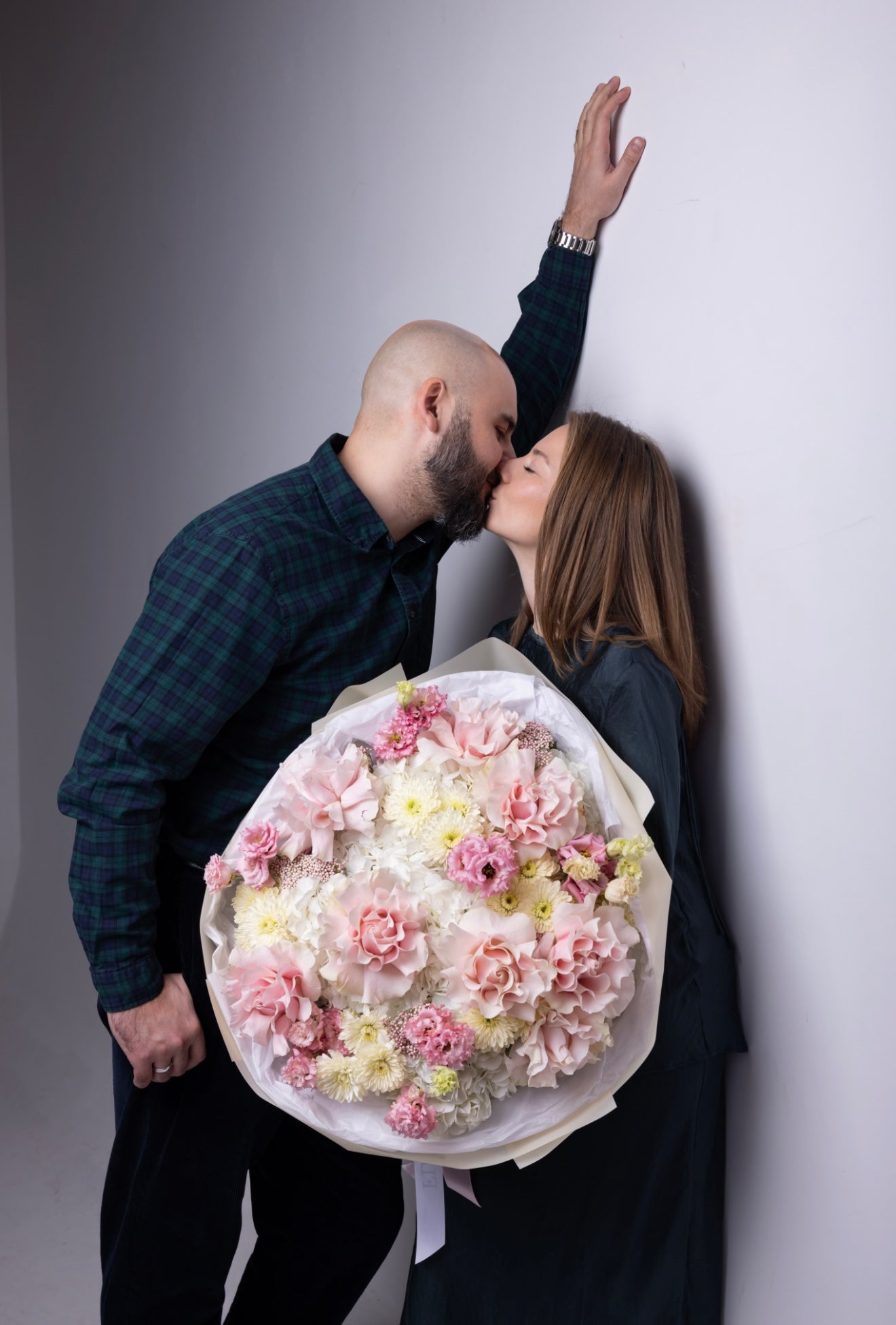 “Gentle Hug” Bouquet (French Pink Roses, Rice Flower, Lisianthus, Cushion, Hydrangeas)