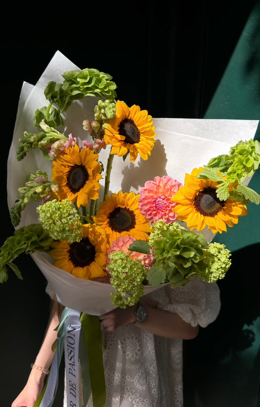 “Sun Drop” Bouquet (Viburnum, Dahlias, Snap, Hydrangea, Bells of Ireland, Sunflowers)