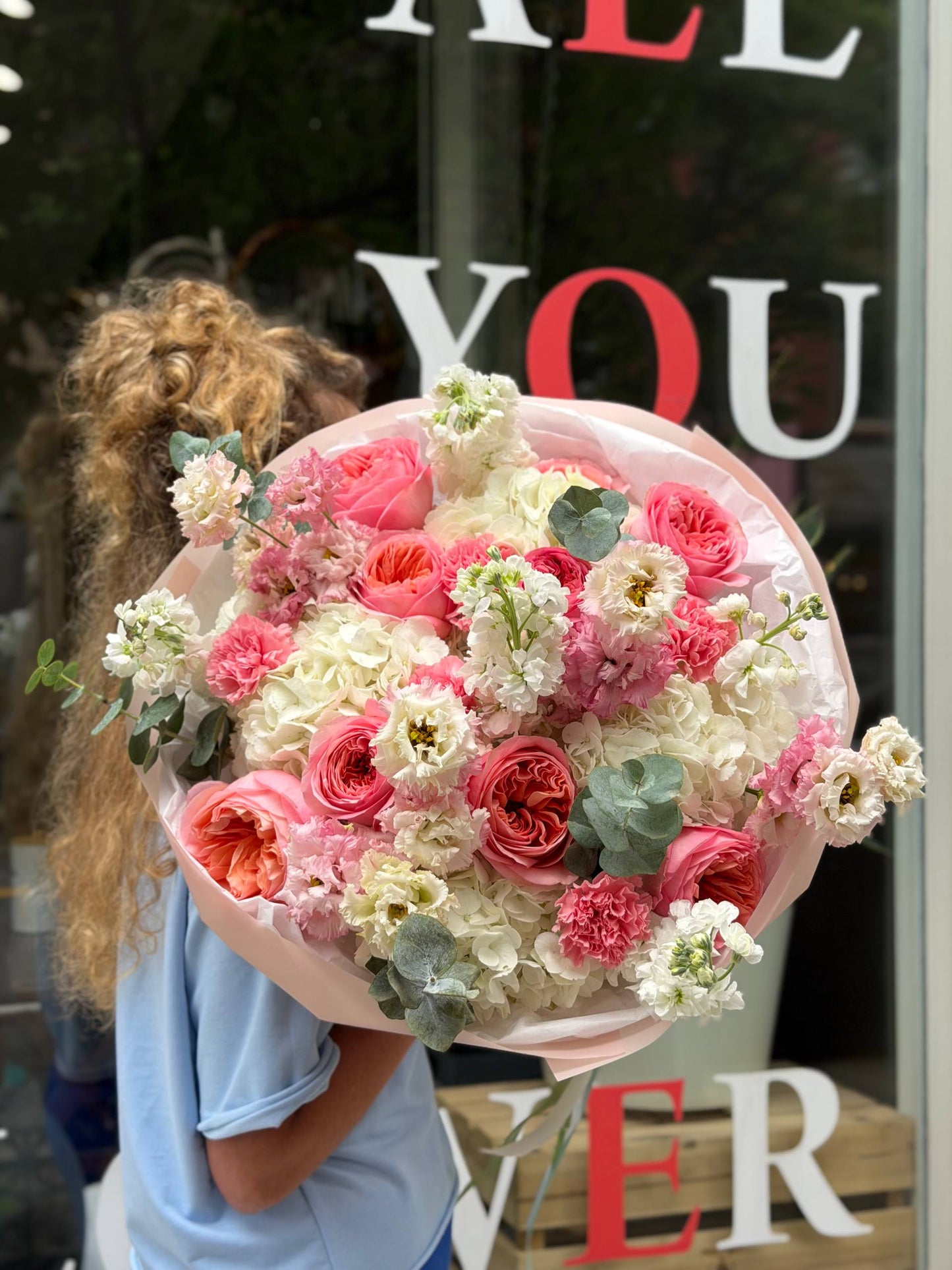 "Too Gorgeous" Bouquet (Pink Expression Roses, Lisianthus, Hydrangeas, Stocks, Carnations, Eucalyptus)