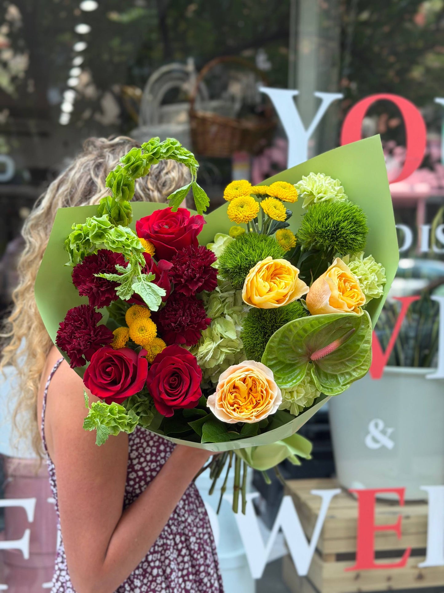 "Tangy" Bouquet (Explorer Roses, Cream Garden Roses, Green Balls, Anthurium, Carnations, Hydrangeas, Buttons, Bells Of Ireland)