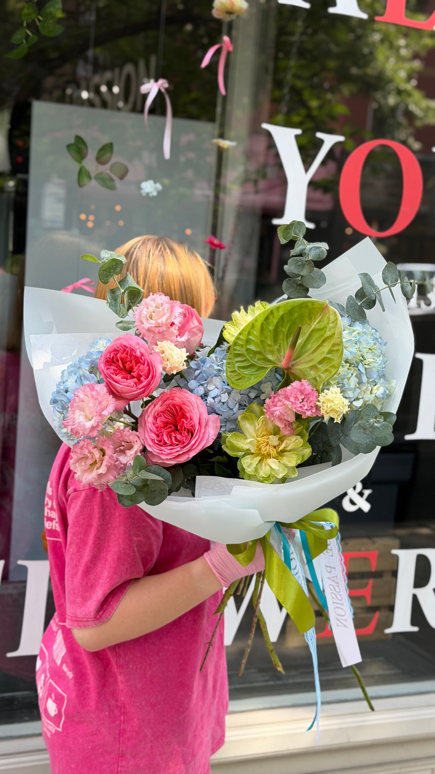 "Wonderland" (Pink Garden Roses, Pink Lisianthus, Hydrangeas, Veggie Rose,Eucalyptus, Anthurium)