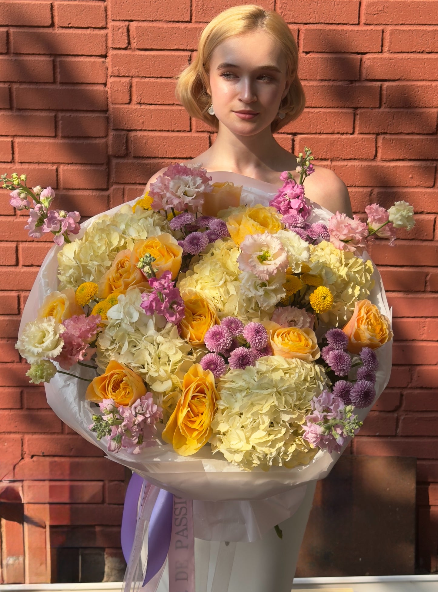 “Sunbeam” Bouquet (Hydrangeas, Stocks, Lisianthus, Buttons, Cream Garden Roses)
