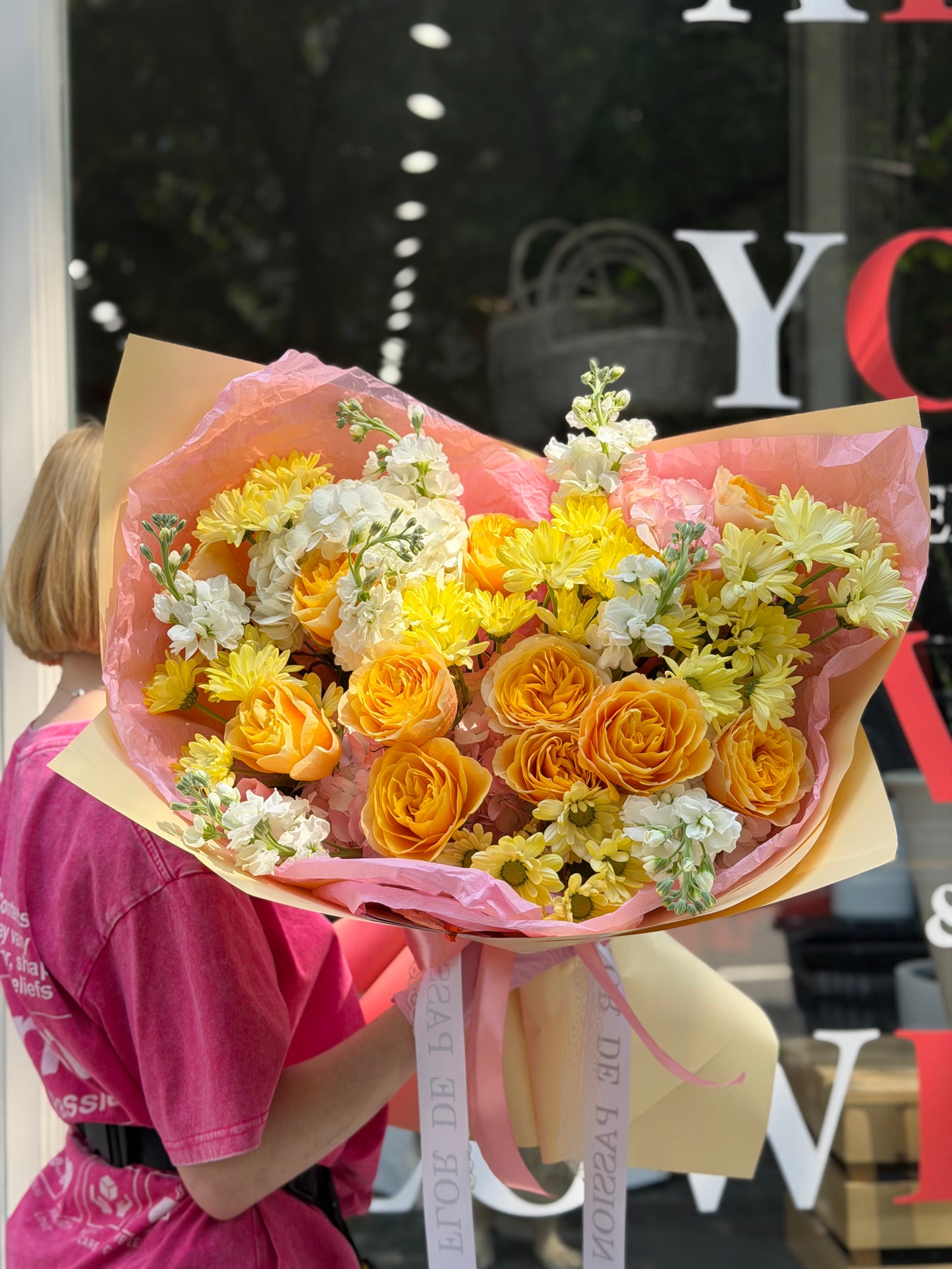 “Peach Energy” Bouquet (Hydrangeas, Stocks, Chrysanthemums, Kings Cross Roses)
