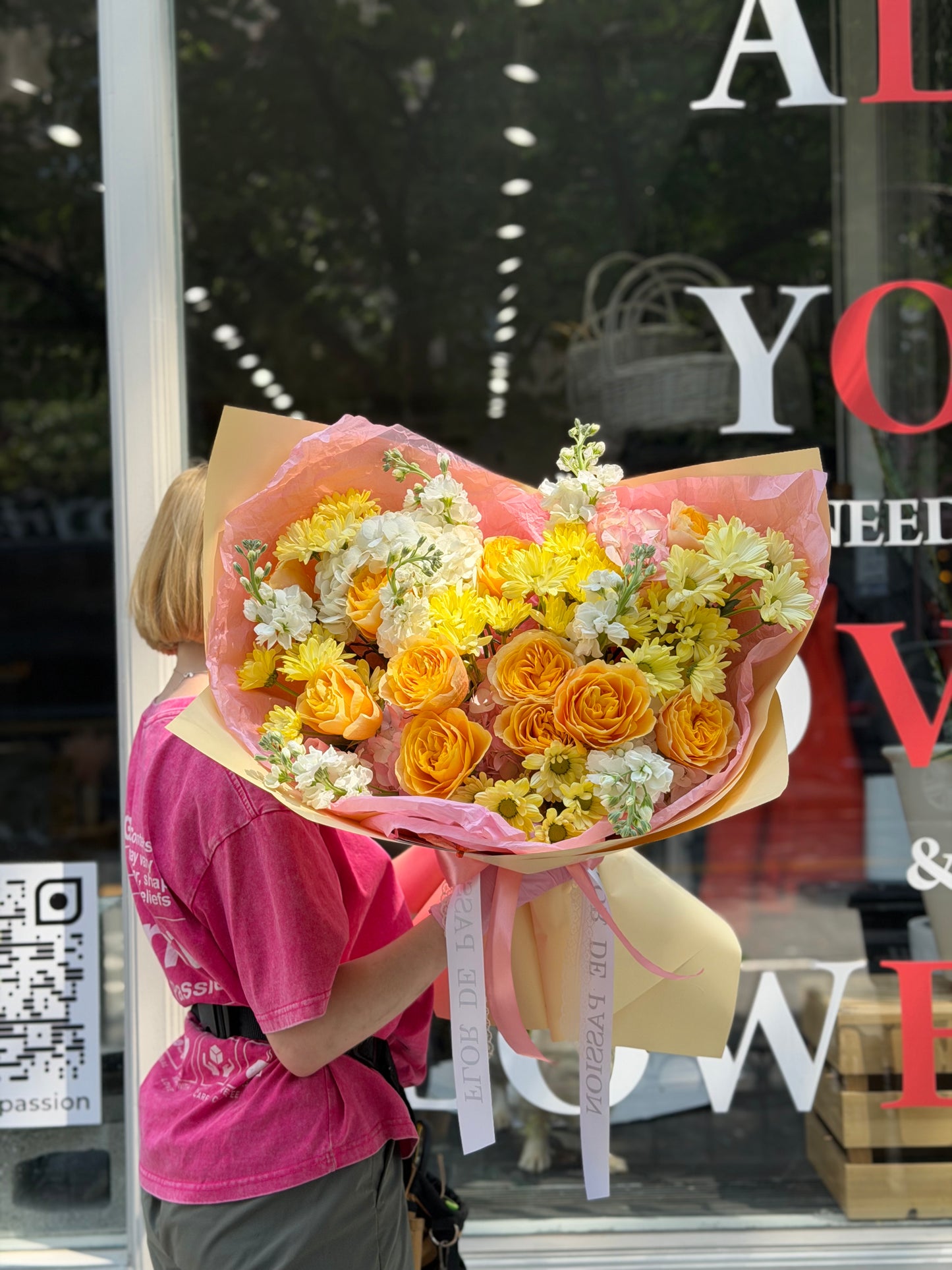 “Peach Energy” Bouquet (Hydrangeas, Stocks, Chrysanthemums, Kings Cross Roses)