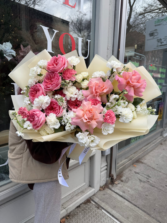 "Cloud of Feelings" Bouquet (French Rose, Pink Expression Rose, Spray Roses, Lisianthus, Carnations, Stocks)