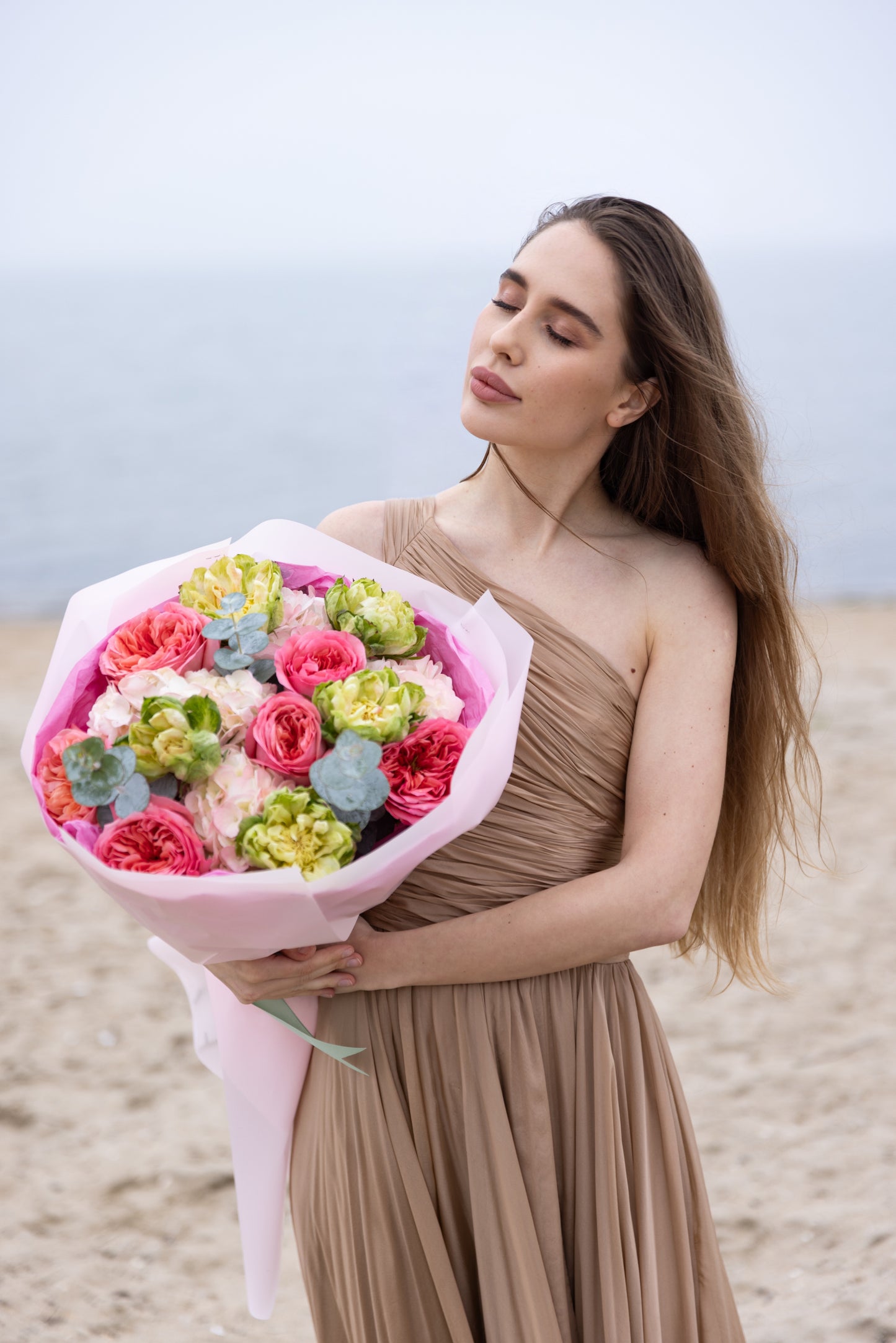 “Romance” Bouquet (Pink Garden Roses, Veggie Rose, Hydrangeas, Eucalyptus)
