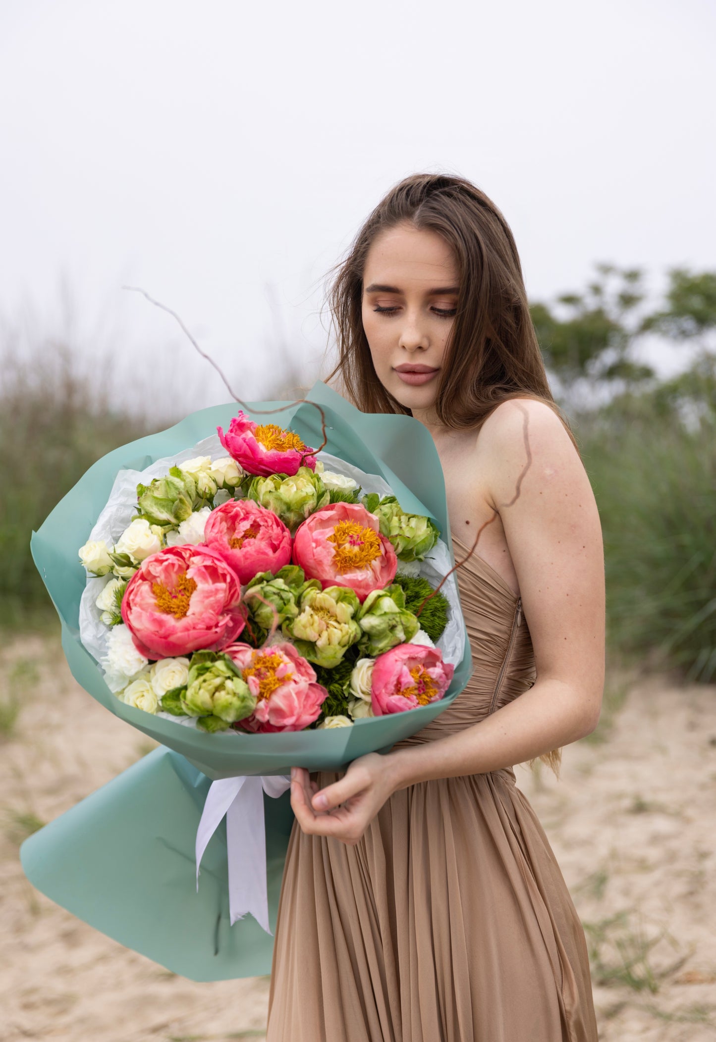 “Summer Kiss” Bouquet (Coral Peonies, Spray Roses, Veggie Rose)