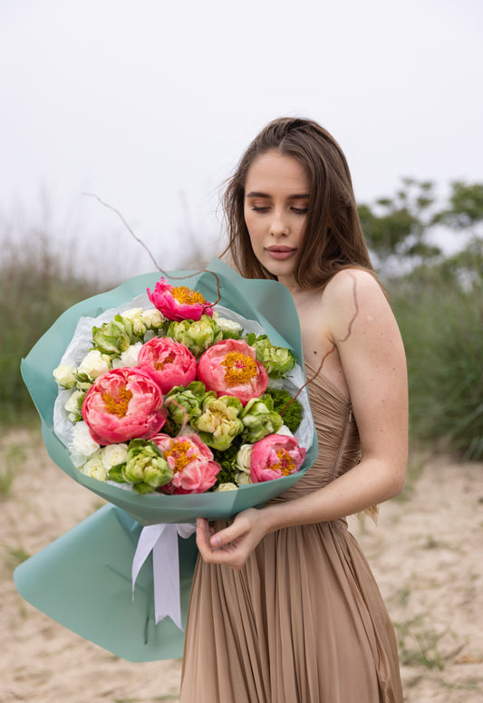 “Summer Kiss” Bouquet (Coral Peonies, Spray Roses, Veggie Rose)