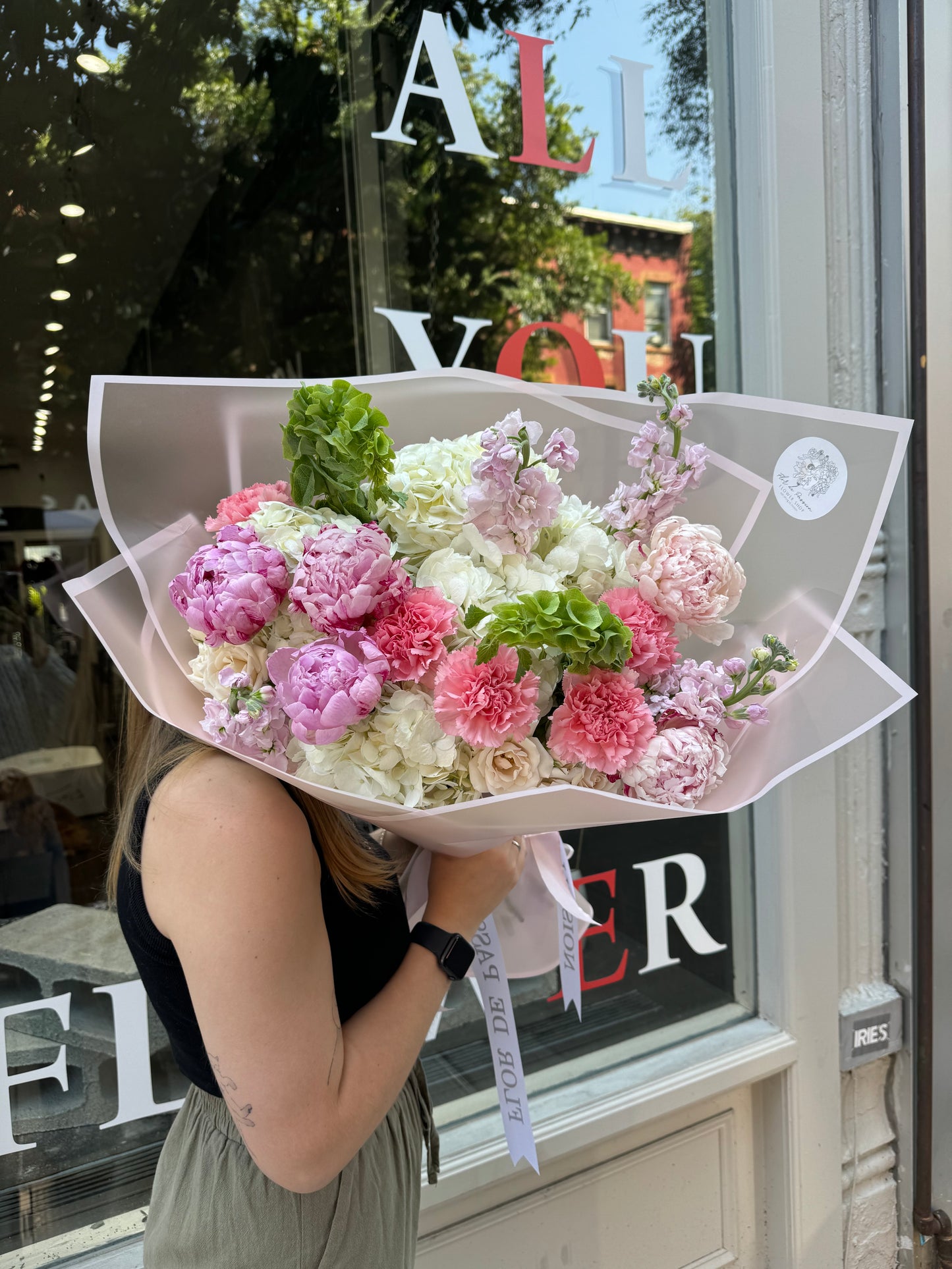 “Hug” Bouquet (peonies, bells of Ireland, stocks, hydrangeas, spray roses, carnations)