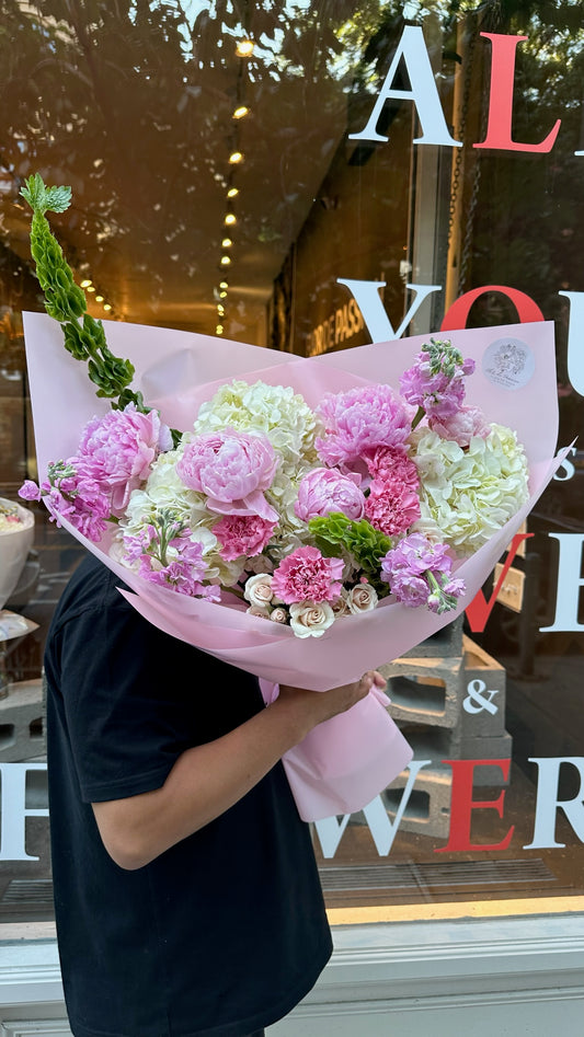 “Hug” Bouquet (peonies, bells of Ireland, stocks, hydrangeas, spray roses, carnations)