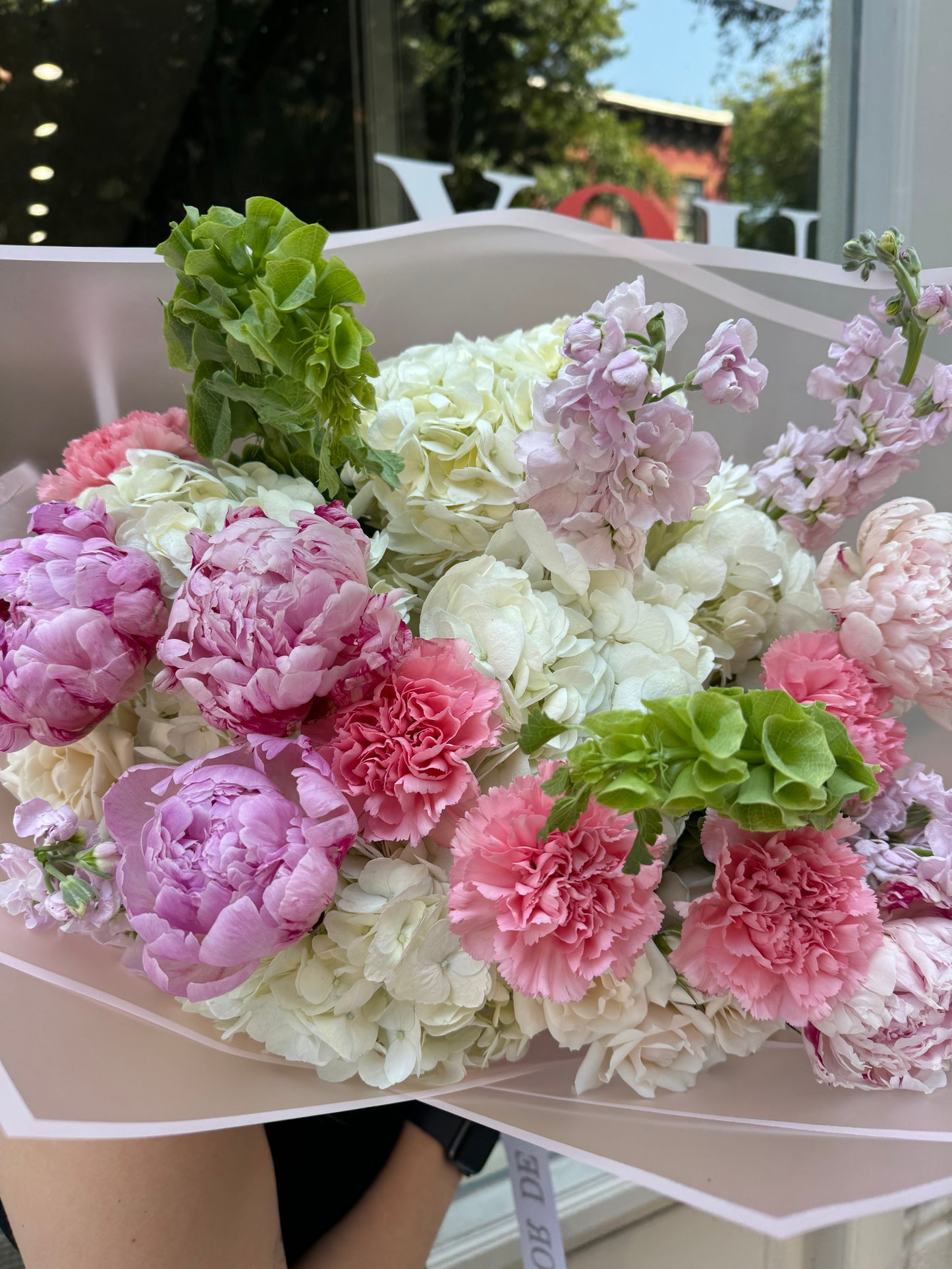 “Hug” Bouquet (peonies, bells of Ireland, stocks, hydrangeas, spray roses, carnations)